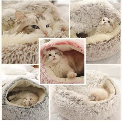 Cozy 2-in-1 Soft Plush Pet Bed for Cats and Small Dogs - Semi Closed Nesting Cave