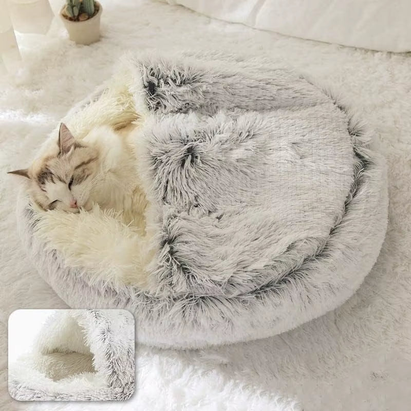 Cozy 2-in-1 Soft Plush Pet Bed for Cats and Small Dogs - Semi Closed Nesting Cave