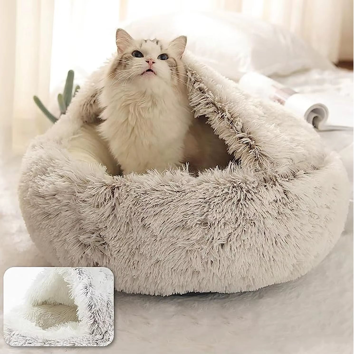 Cozy 2-in-1 Soft Plush Pet Bed for Cats and Small Dogs - Semi Closed Nesting Cave