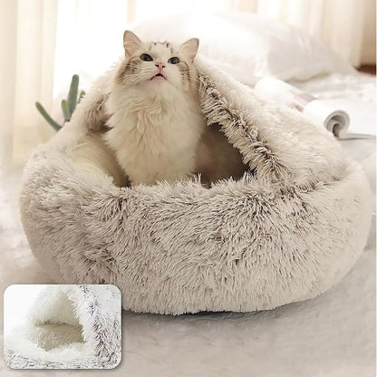 Cozy 2-in-1 Soft Plush Pet Bed for Cats and Small Dogs - Semi Closed Nesting Cave